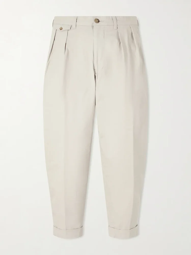Tapered Pleated Cotton-Blend Twill Trousers