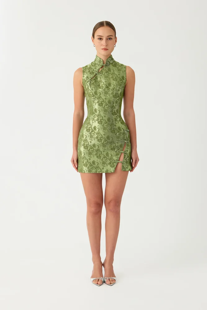 Ines Brocade Mini Dress in Green