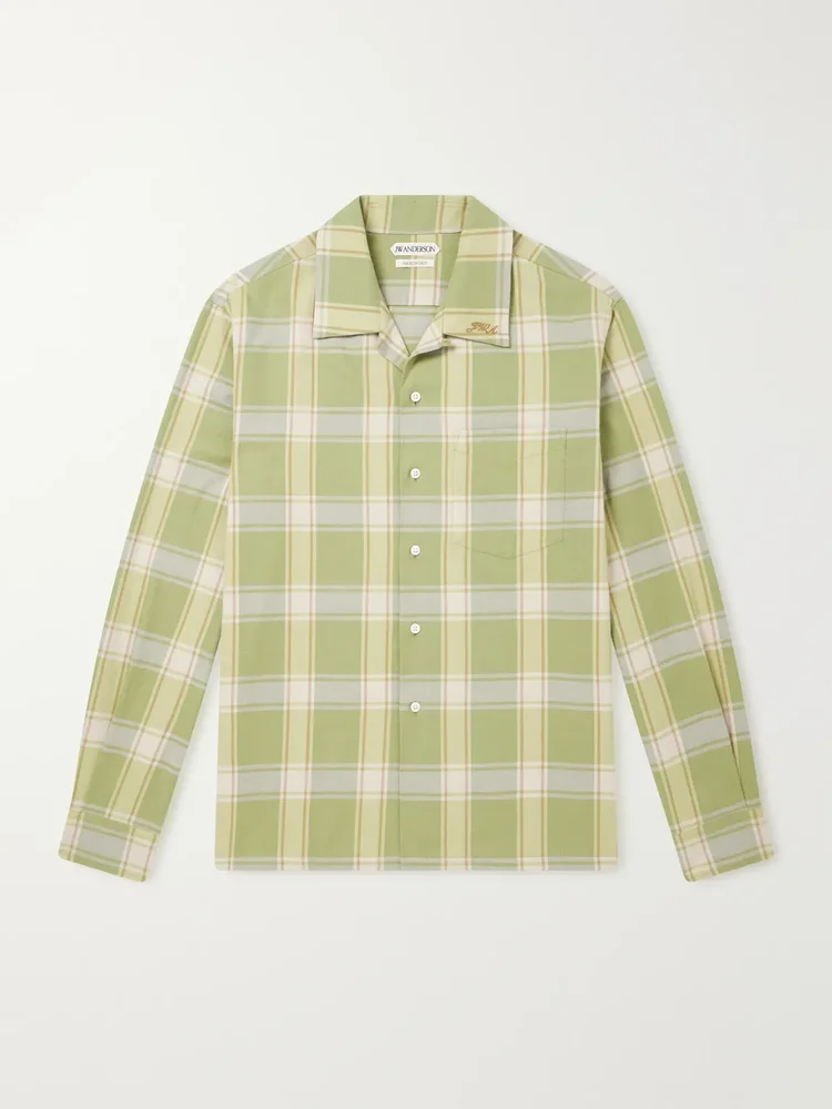 Reversible-Collar Logo-Embroidered Checked Cotton-Twill Shirt