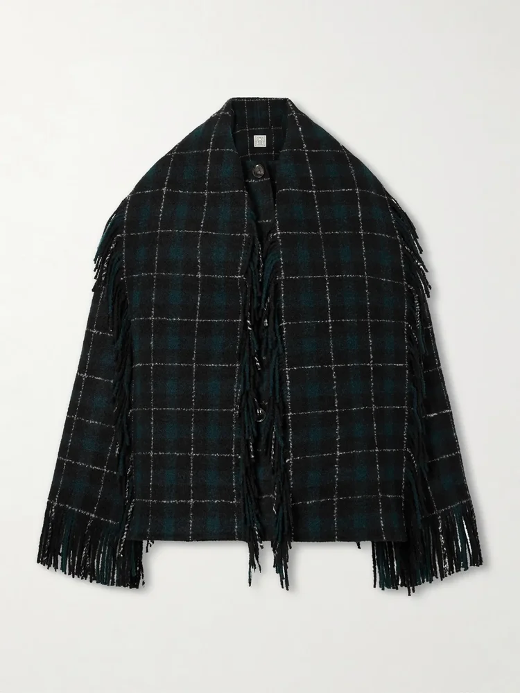 Fringed checked wool-blend jacket