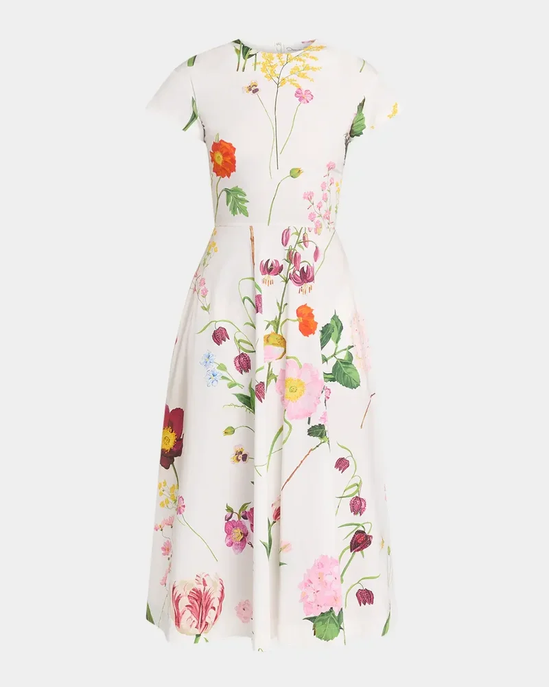 Short-Sleeve Mixed Botanical Cotton Poplin Midi Day Dress