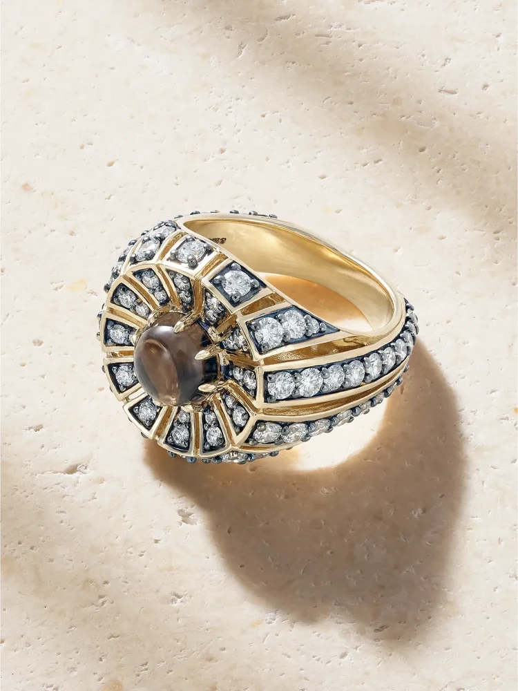 Aurora 14-karat gold, rhodium-plated, quartz and diamond ring
