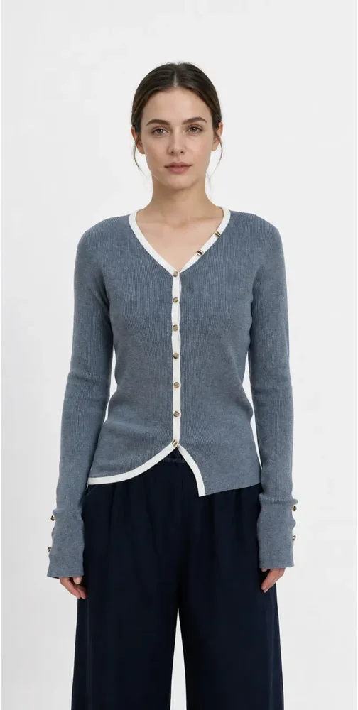 Contrast Trim Wool Blend V-Neck Cardigan