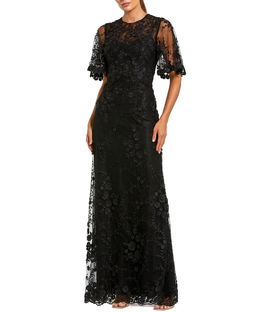 Floral Embellished Net Crew Neck Short Flutter Sleeve Gown