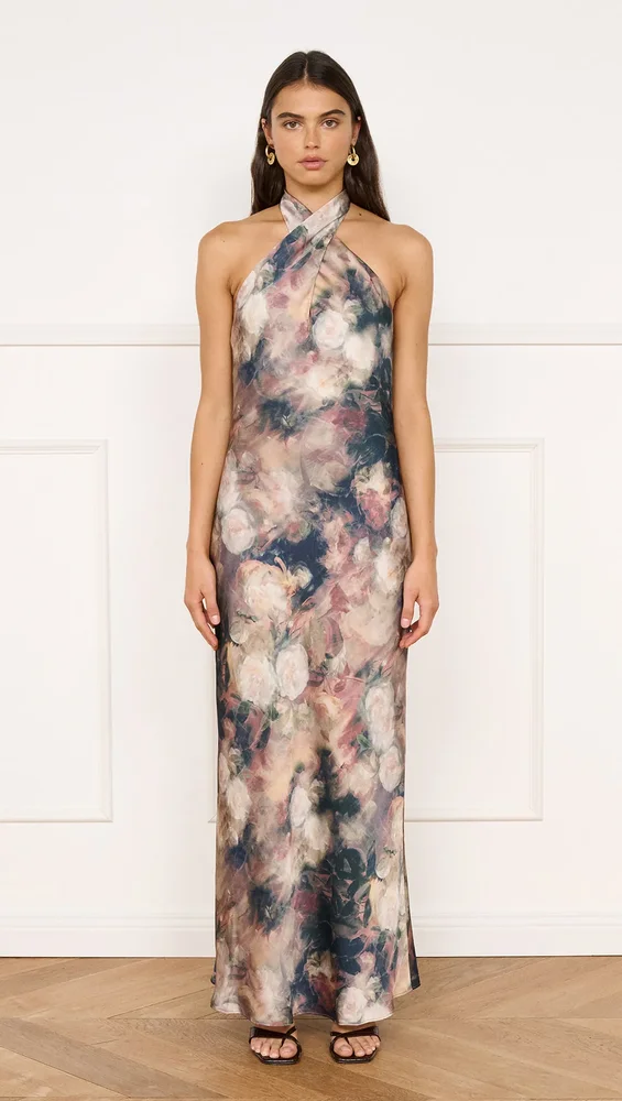 Satin Halter Neck Maxi Dress in Rose Floral