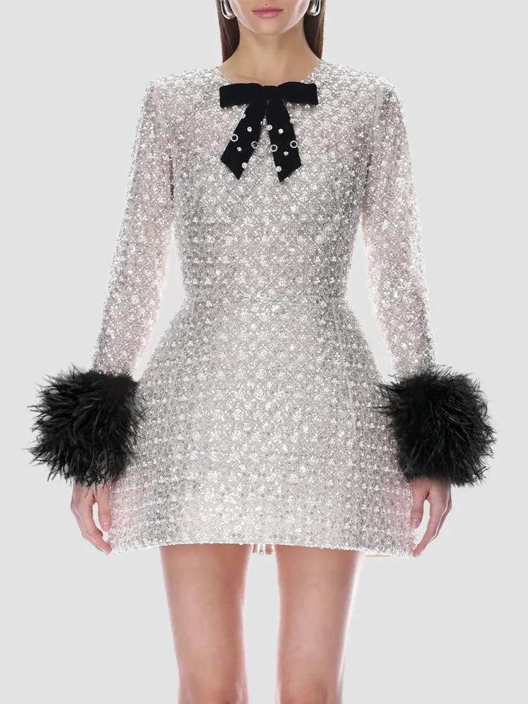 Embellished Feather-Cuff Mini Dress