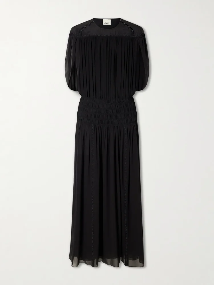 Nesrine bead-embellished pleated smocked silk maxi dress