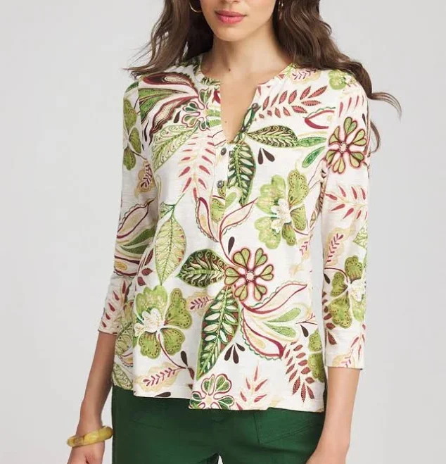 Harvey Nichols Chico's Women's Tropical Cotton Henley Shirt