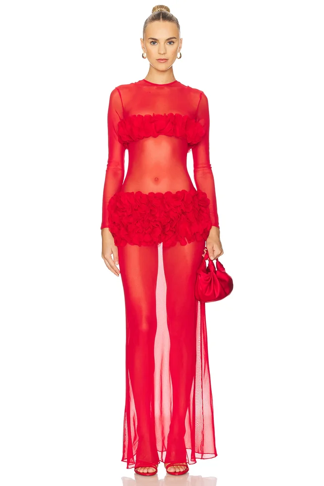Sheer Tulle Maxi Dress With Floral Appliques