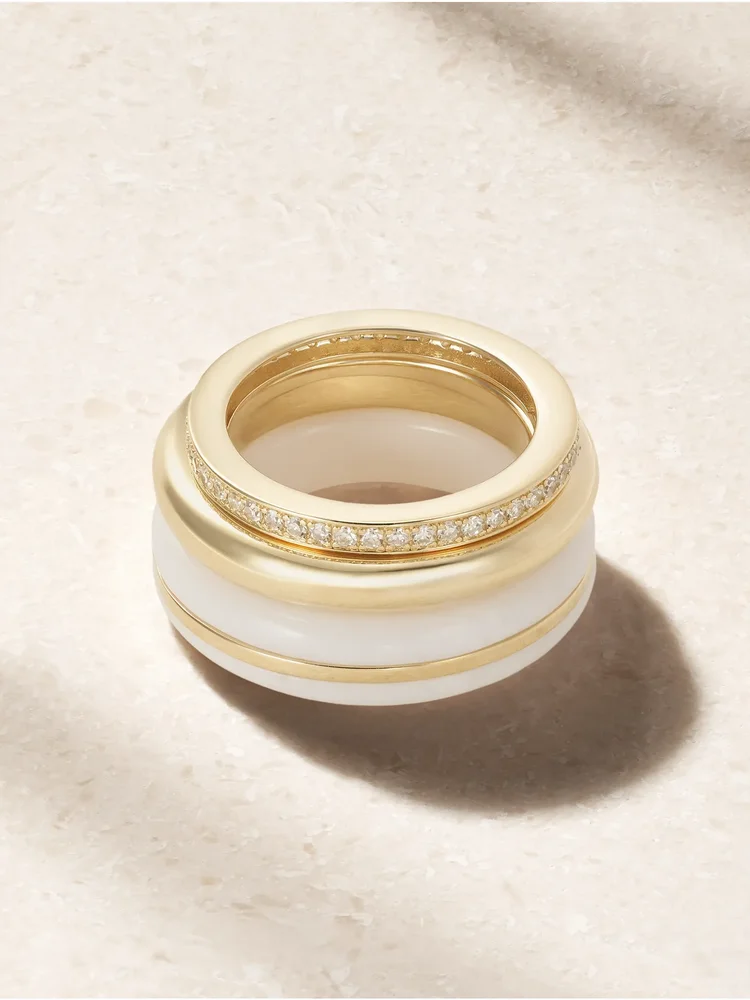 Set of a three 14-karat recycled gold, diamond and agate rings
