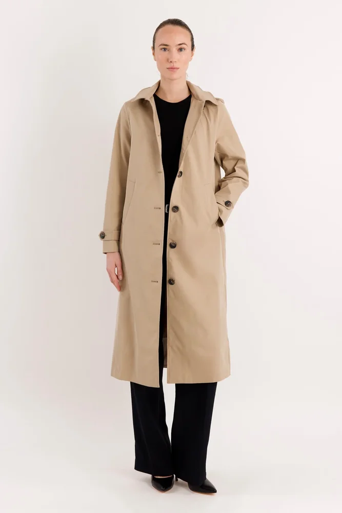 Long Single-Breasted Trench Coat with Detachable Hood