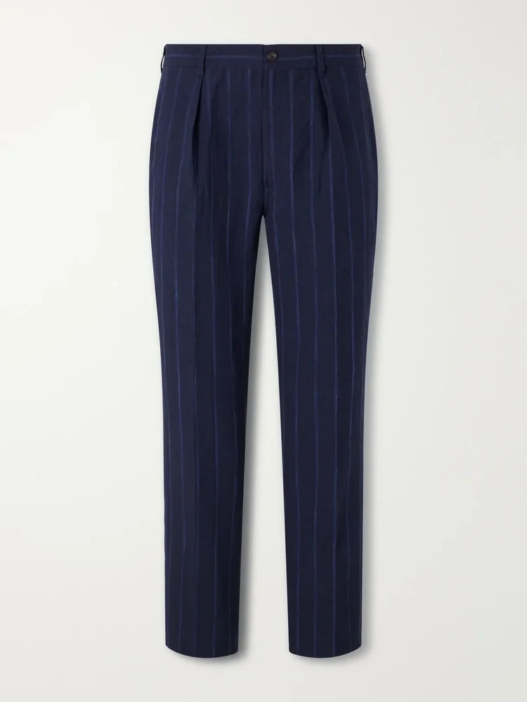 Games Straight-leg Pinstriped Cotton and Linen-Blend Suit Trousers