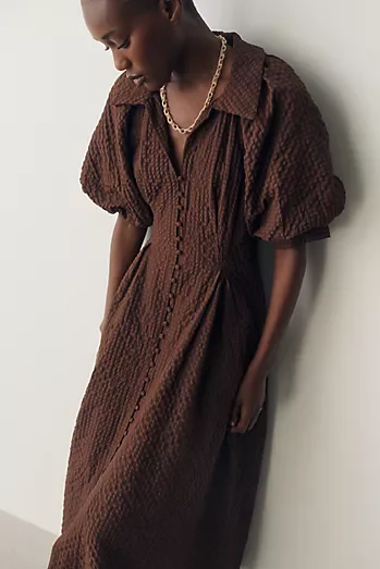 English Factory Puff-Sleeve Textured Midi Shirtdress