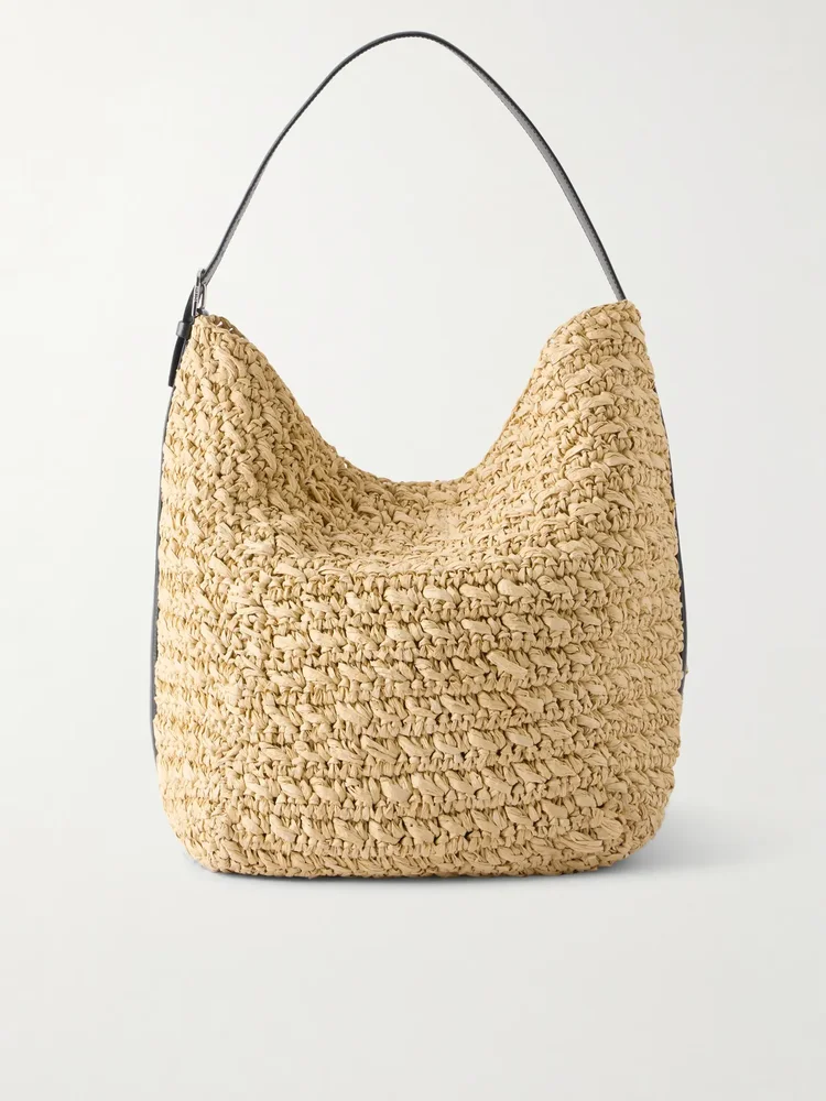 Leather Trimmed Raffia Shoulder Bag