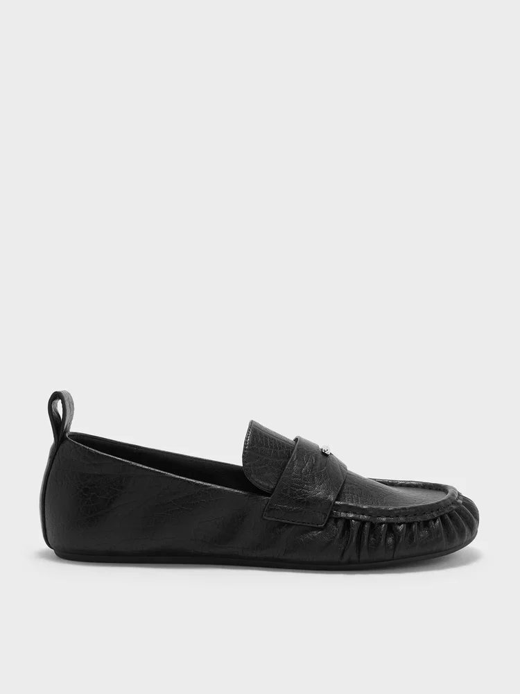 Ruched Penny Loafers, Black