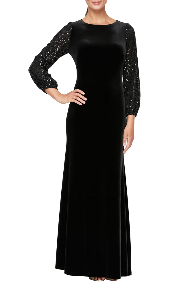 Mixed Media Sequin & Velvet Long Sleeve Gown