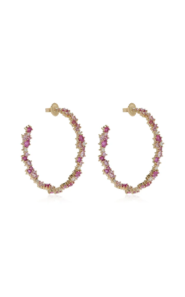 Large Cocktail 14K Gold Diamond and Sapphire Hoop Earrings