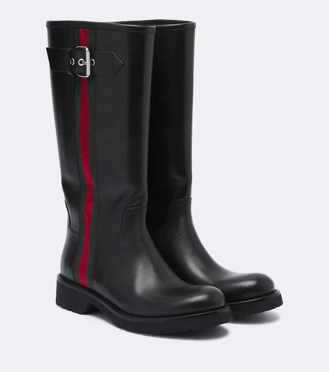 Web Stripe leather biker boots