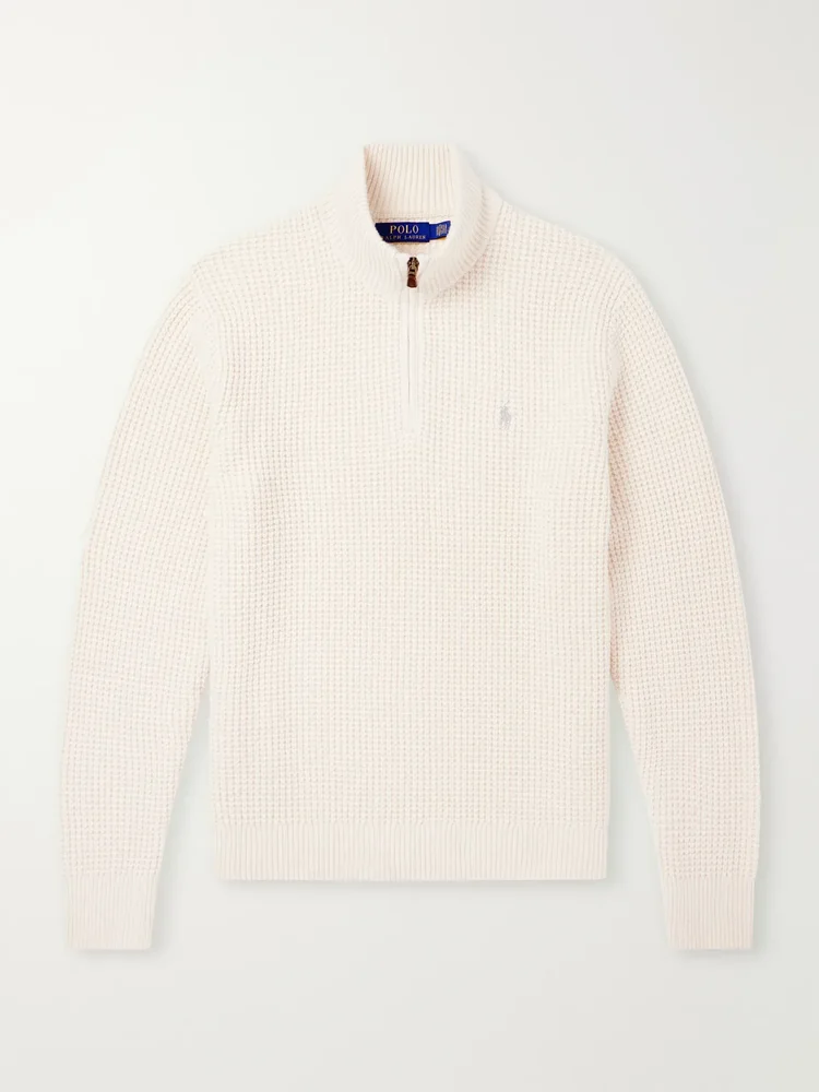 Logo-Embroidered Waffle-Knit Wool-Blend Half-Zip Sweater