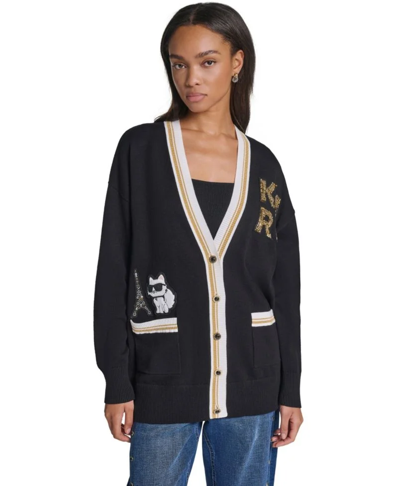 Varsity Oversized Patch V-Neck Cardigan Sweater