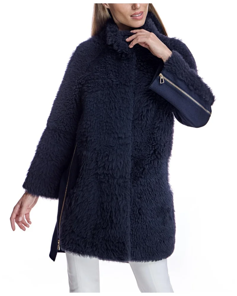 Mixed-Media Shearling Coat With Zipper Trim