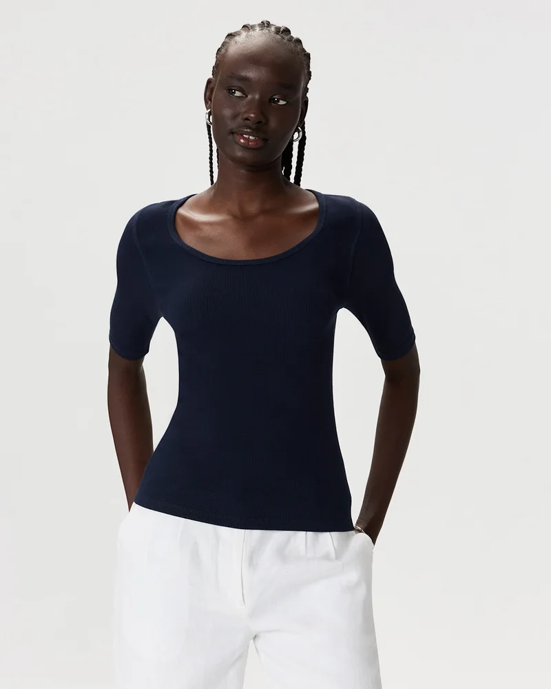 Organic Cotton Micro-Rib Elbow Sleeve Tee in Deep Navy