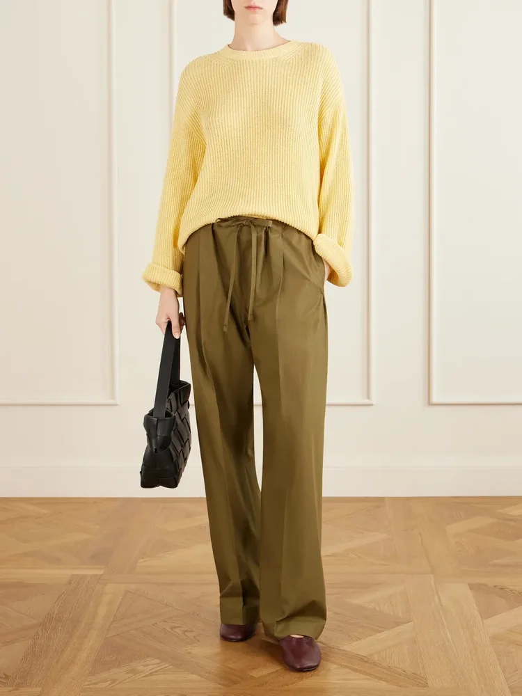 Pleated cotton-poplin straight-leg pants