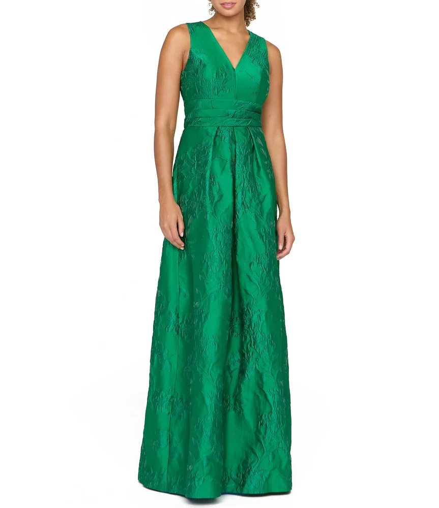 Mariah Textured Floral Jacquard V-Neck Sleeveless A-Line Gown