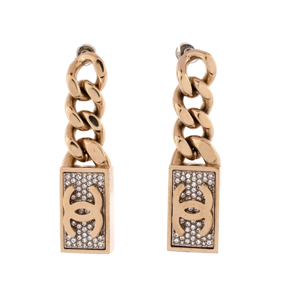 Pre-Owned CC Dog Tag Charm Drop Earrings Metal with Crystals