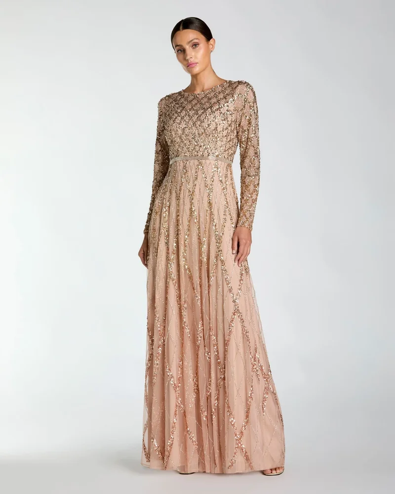 Beige Ombre Sequined Long Sleeve Gown