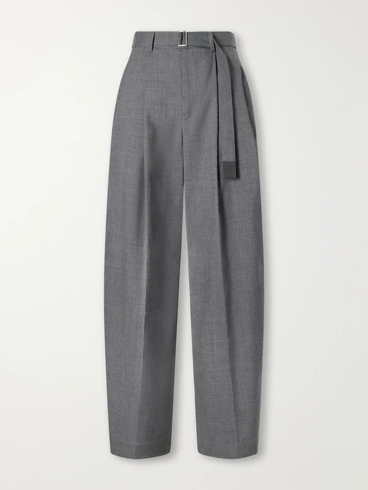 Belted pleated twill wide-leg pants