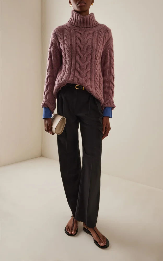 Traveling Cable-Knit Cashmere Turtleneck Sweater