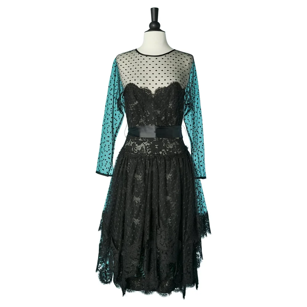 Black lace and tulle plumetis cocktail dress with black satin belt Victor Costa