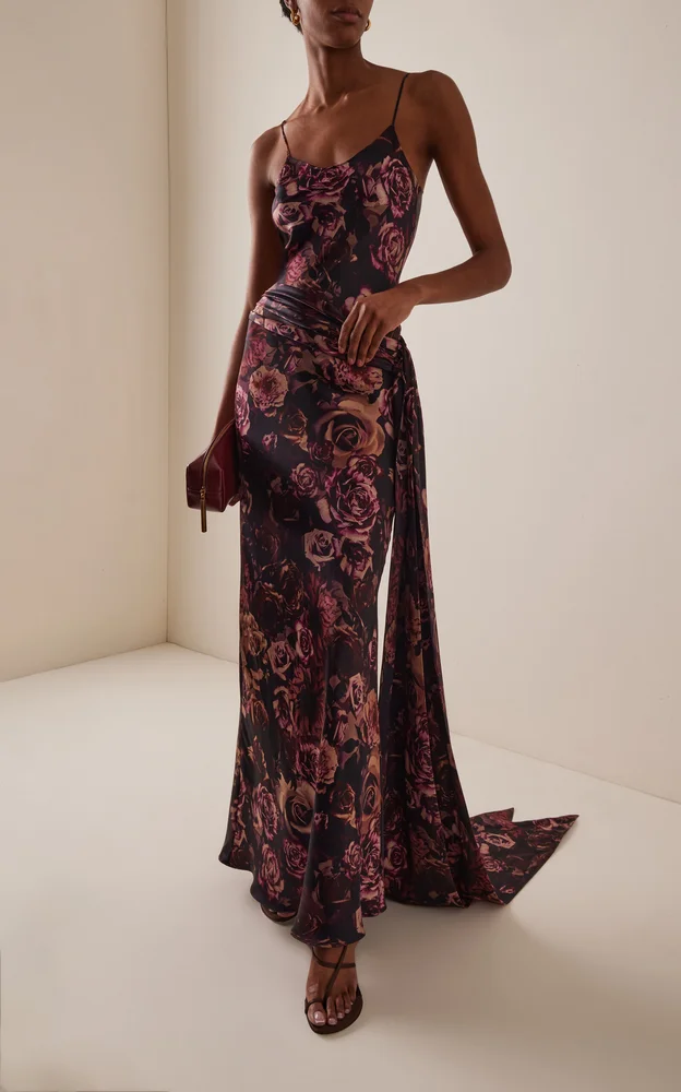 Rose-Print Silk-Satin Slip Scarf Gown