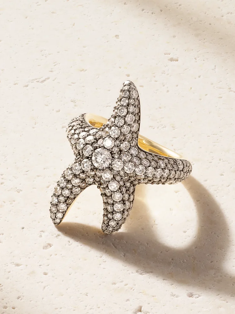 Sea Star Ring 14-karat gold rhodium-plated diamond ring