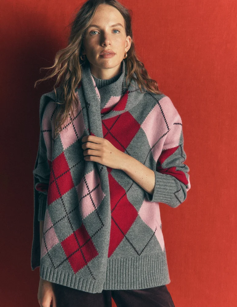 Marta Longline Merino Jumper-Grey, Red, Pink Argyle
