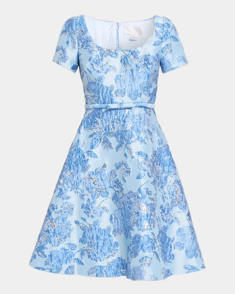 Metallic Floral Jacquard Short-Sleeve A-Line Dress