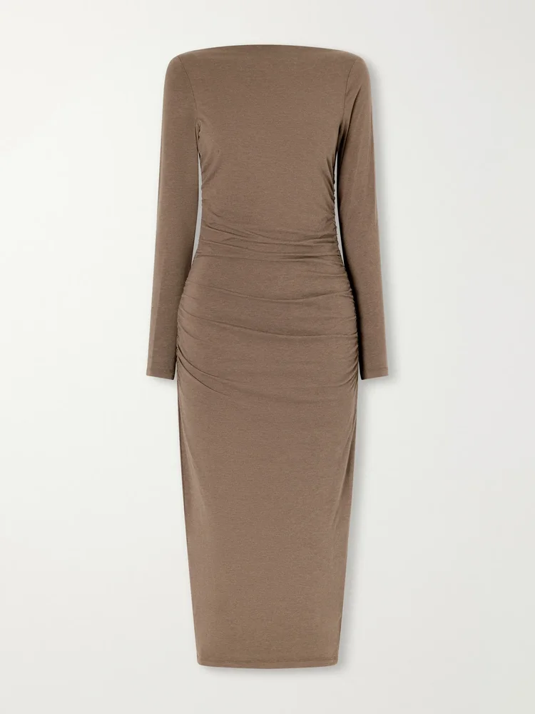 Ruched gathered cotton-blend midi dress
