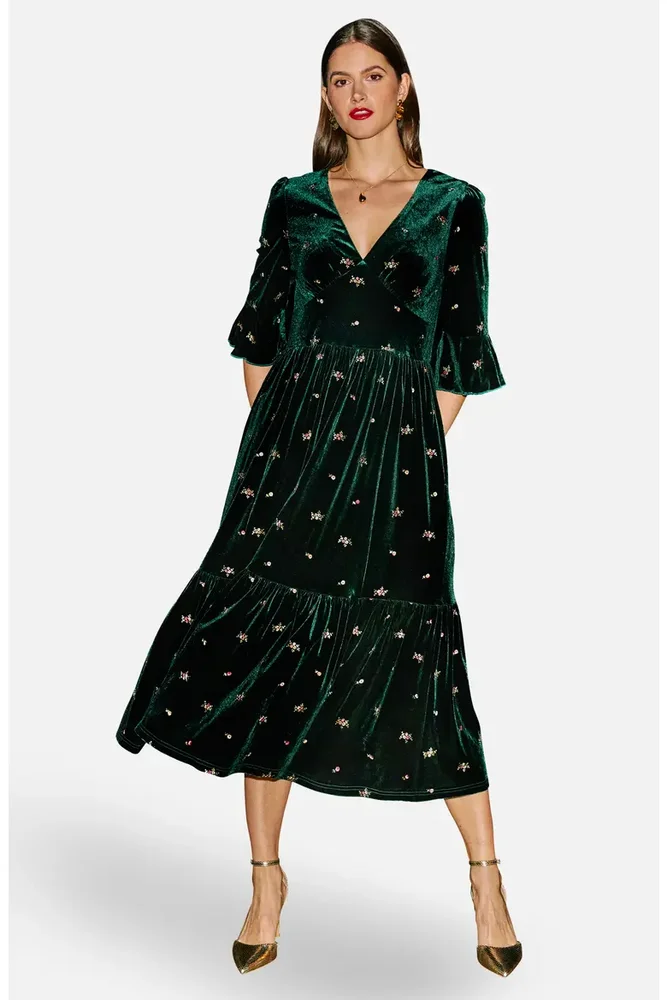 Velvet Embroidered V-Neck Midi Dress