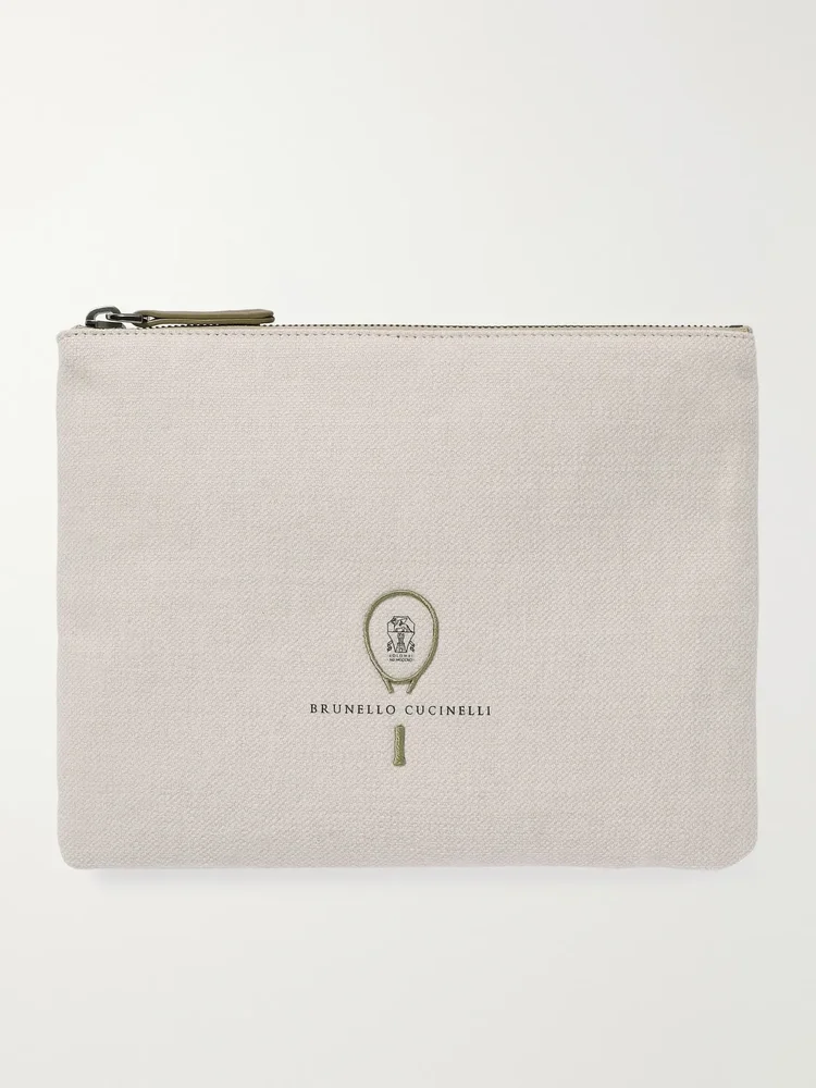 Embroidered leather-trimmed cotton and linen-blend tweed pouch