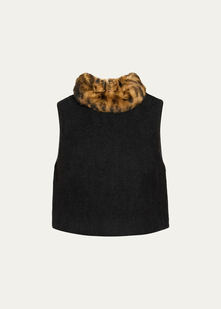 Gina Faux Fur-Collar Tweed Boucle Top