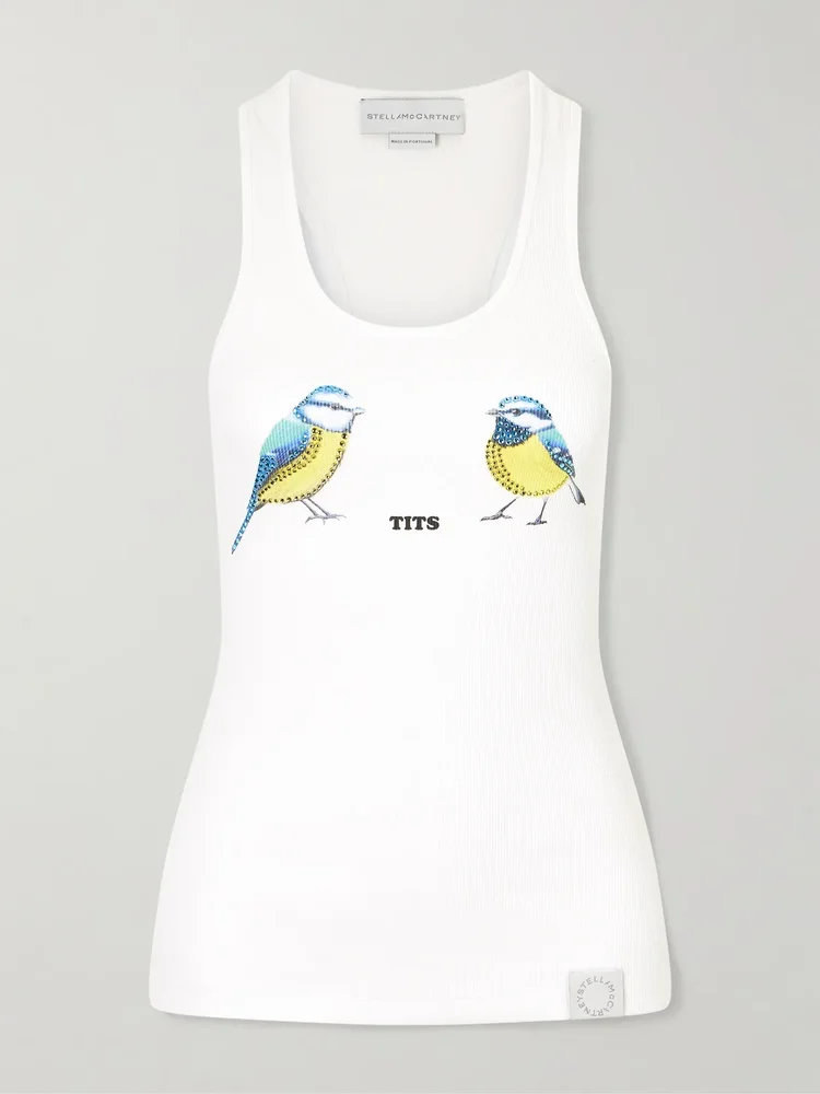hot fix crystal embellished printed ribbed stretch cotton tank
