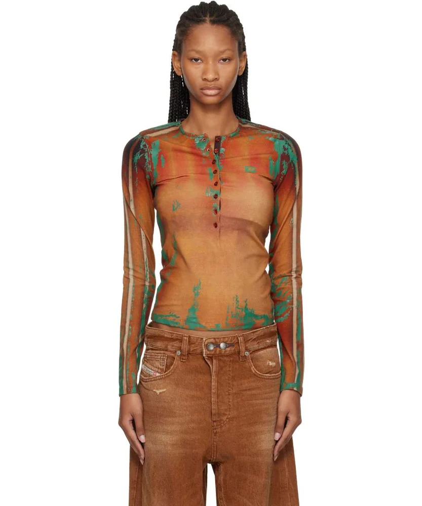 Brown Cracked Leather-Effect Jersey Top