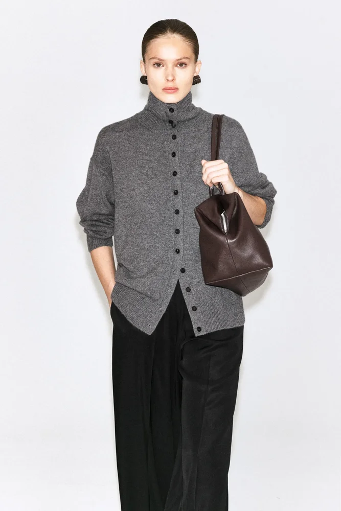 Sculpted Pure Cashmere Mock-neck Cardigan