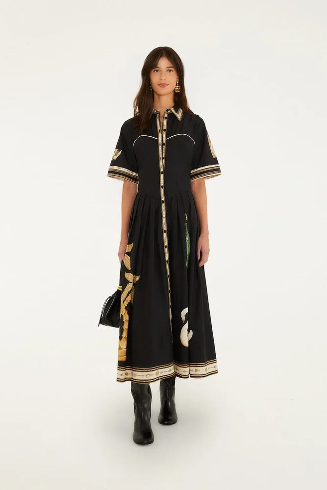 Farmrio vintage souvenirs black buttoned midi dress