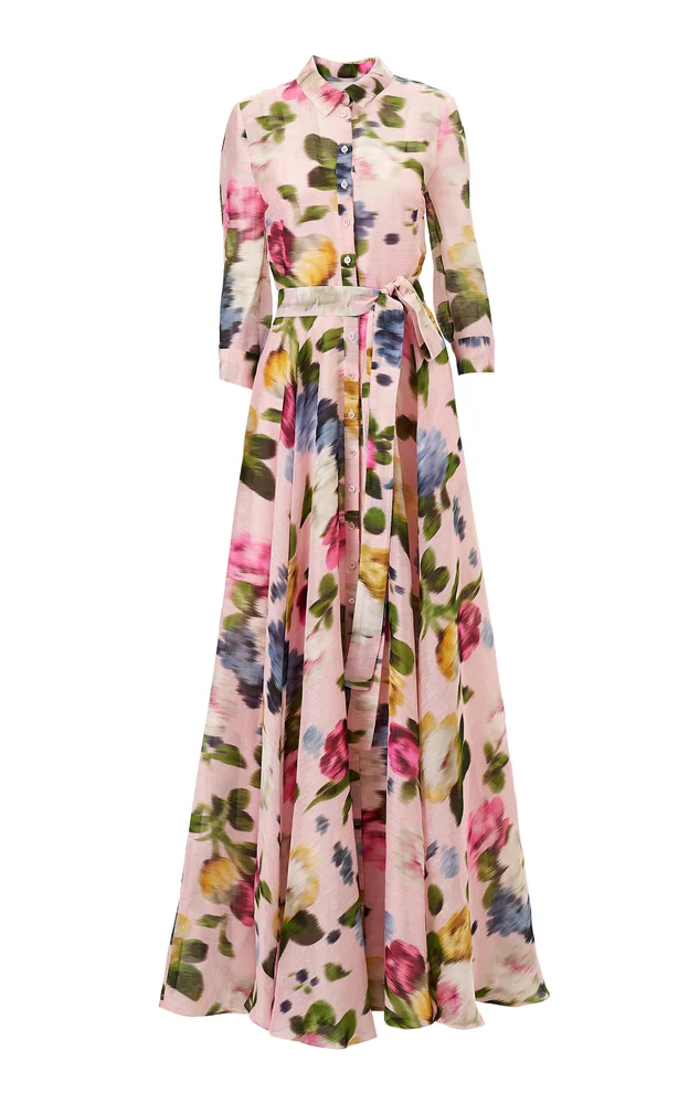 Button-Front Garden Floral Linen-Silk Trench Gown