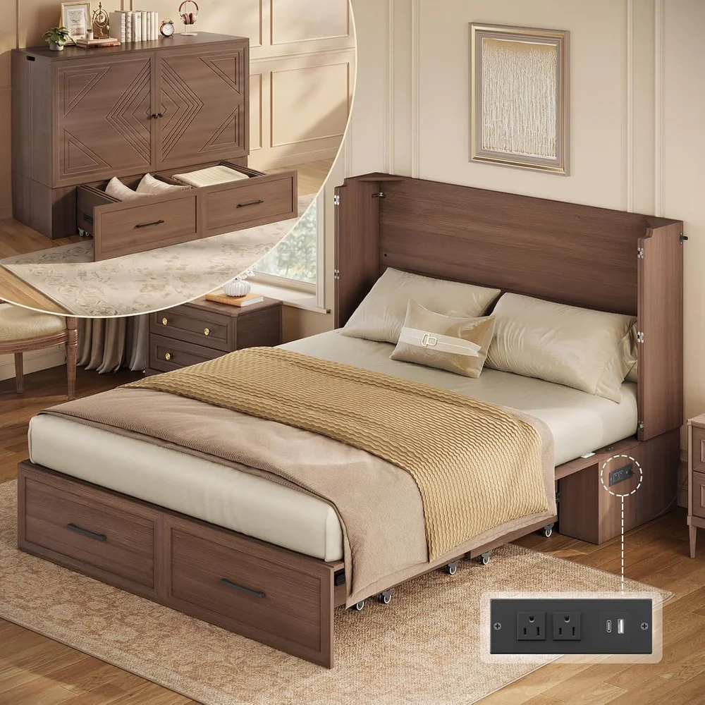 Queen Murphy Bed Cabinet with Storage Drawer and Charging Station