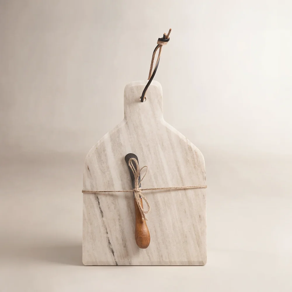 Millings Marble Cheese and Cutting Board with Handle, Leather Tie, and Canape Knife