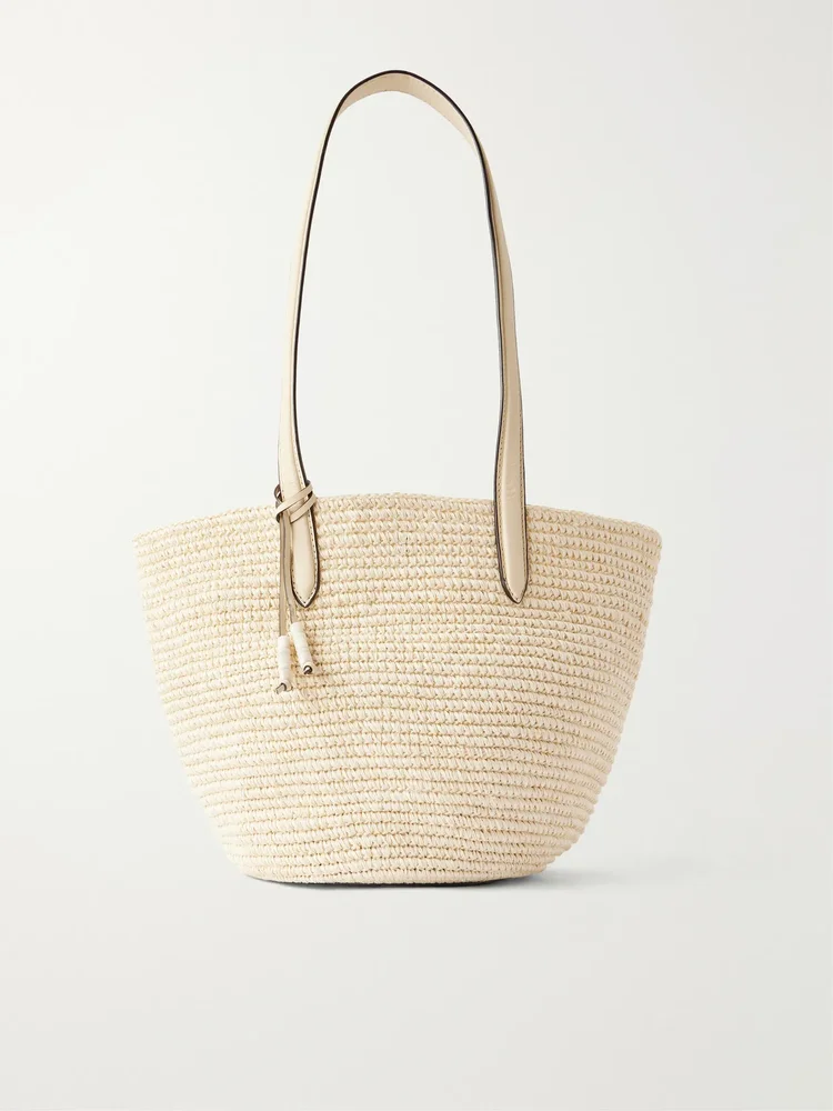 Market leather-trimmed raffia tote