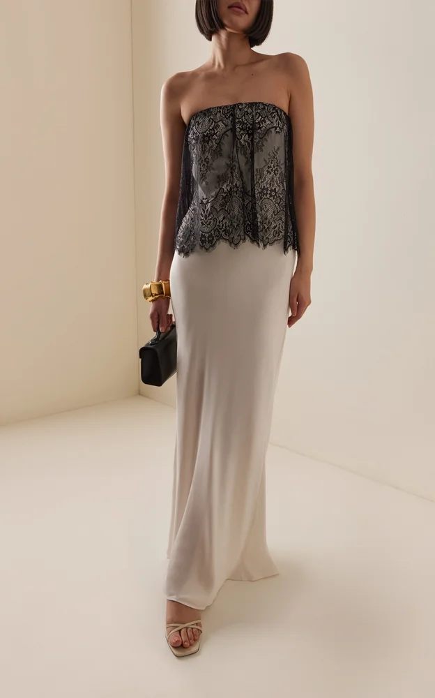 Exclusive Visions Strapless Lace Satin Maxi Dress